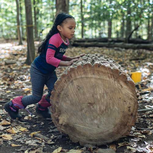 preschool girl playing in the woods